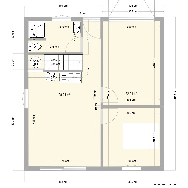 maison 50m2. Plan de 2 pièces et 51 m2