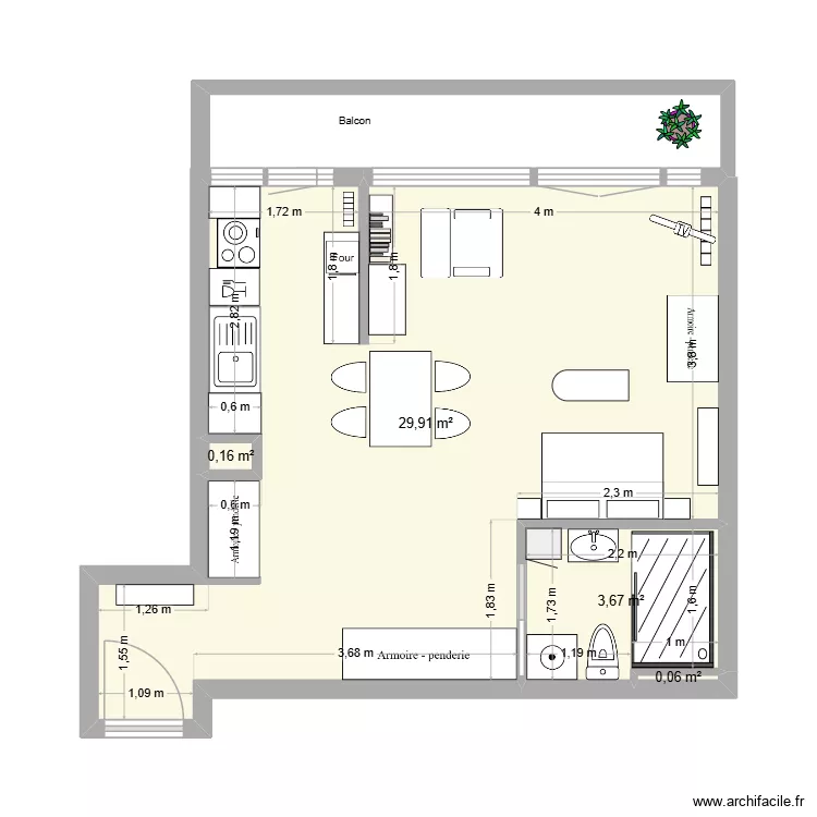 Patricia Versailles cuisine ouverte 3. Plan de 4  et 34 m²