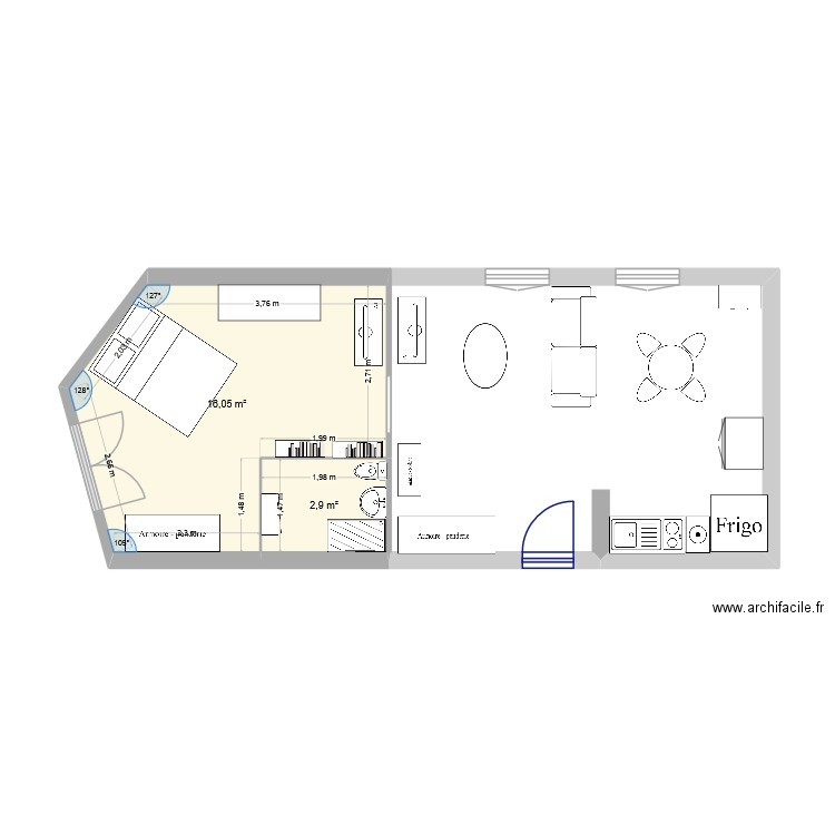 salle principale jacqueline. Plan de 2 pièces et 19 m2
