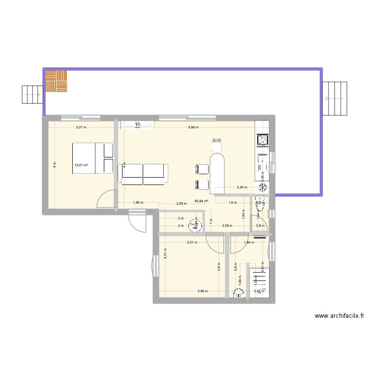 2eme. Plan de 2 pièces et 58 m2