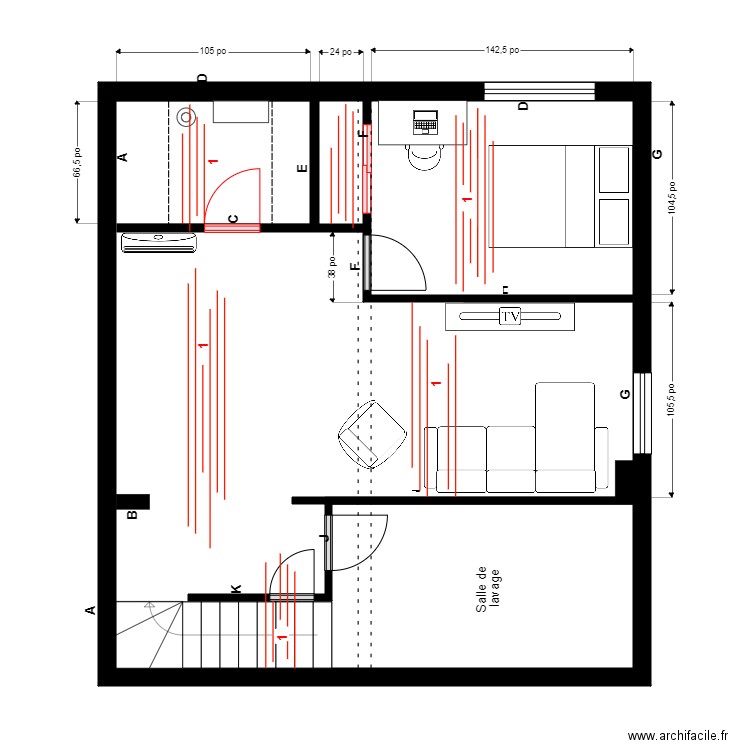 daigle s-sol Pose. Plan de 1 pièce et 55 m2
