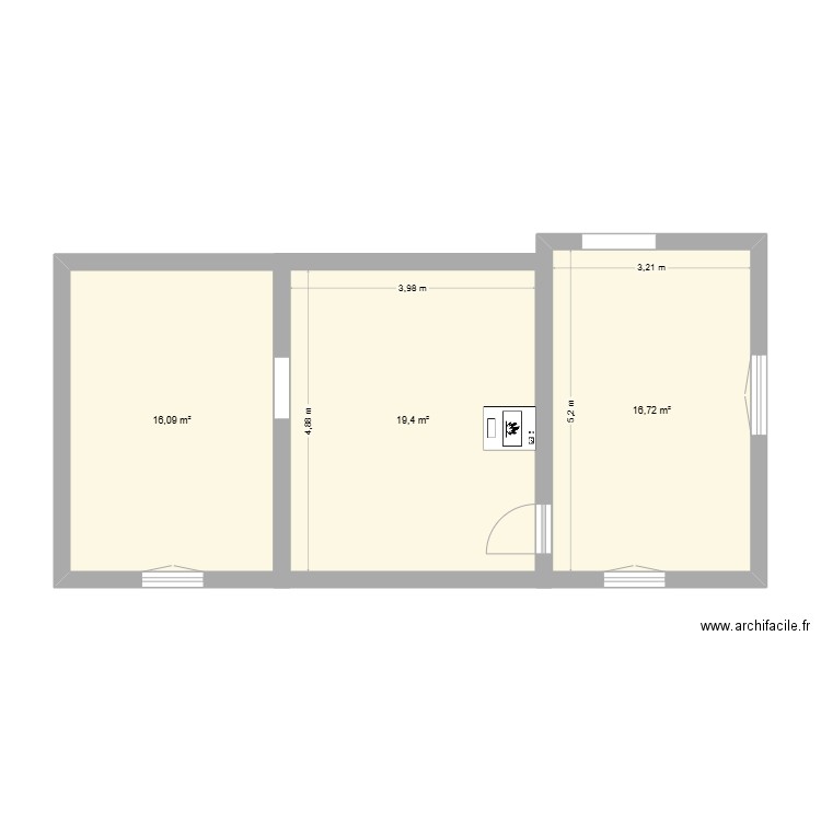 Plan RDC. Plan de 3 pièces et 52 m2