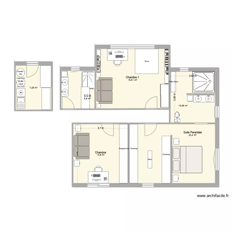 Suite parentale + 1 Chambre + Simu V2 + SDB + buanderie. Plan de 6 Pièces et 81 m² Suite parentale + 1 Chambre + Simu V2 + SDB + buanderie. Plan de 6 Pièces et 81 m²