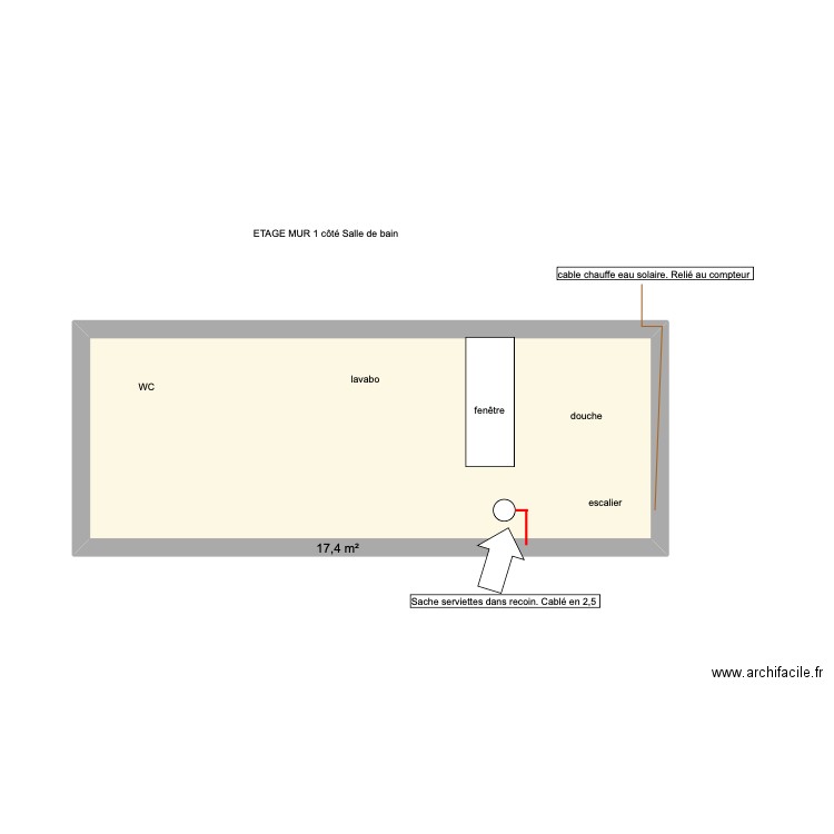 ETAGE Mur 2 salle de bain. Plan de 1 pièce et 17 m2