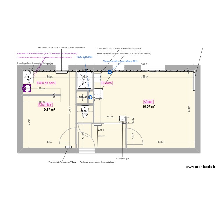 Maconnerie Eau. Plan de 8 pièces et 31 m2