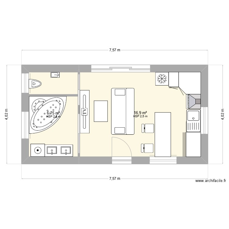 Casa Blanca (3). Plan de 2 pièces et 24 m2