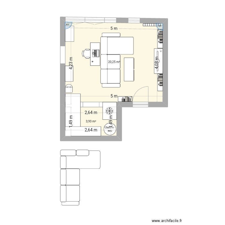 Salon. Plan de 2 pièces et 24 m2