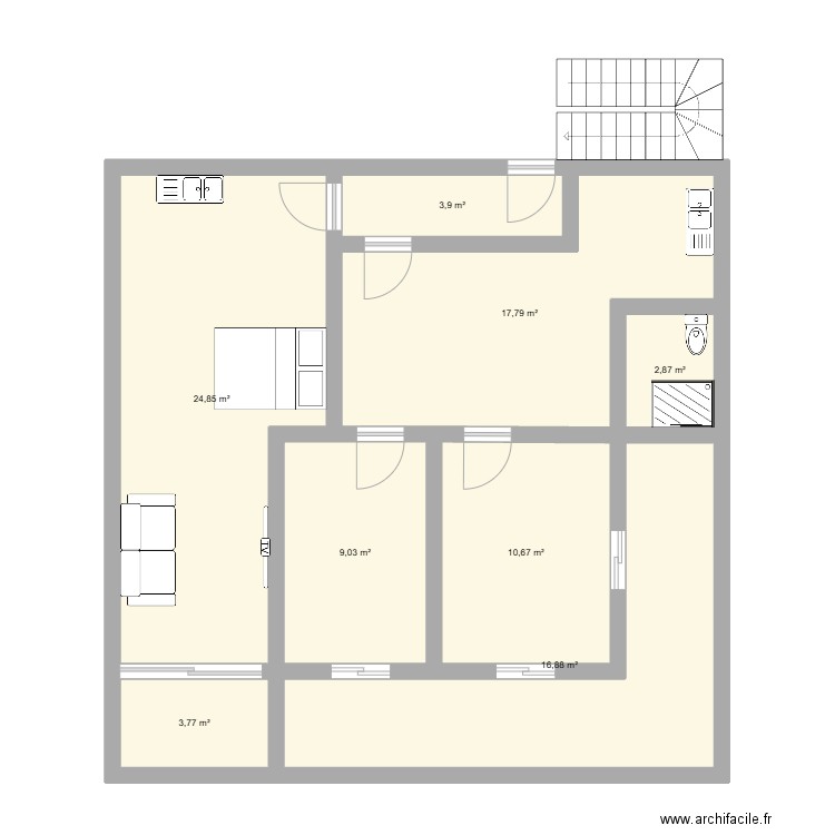 studios. Plan de 8 pièces et 90 m2