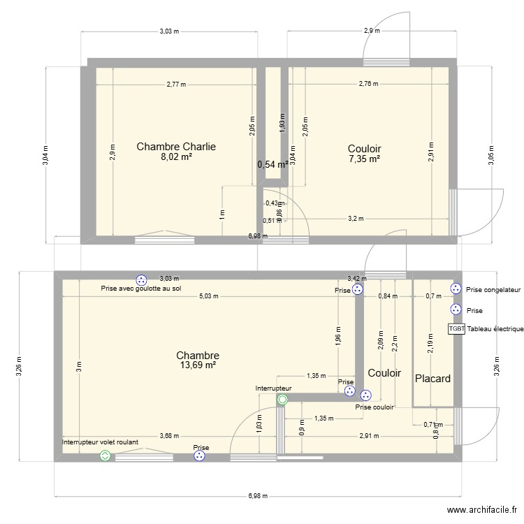 chambre charlie. Plan de 6 pièces et 37 m2