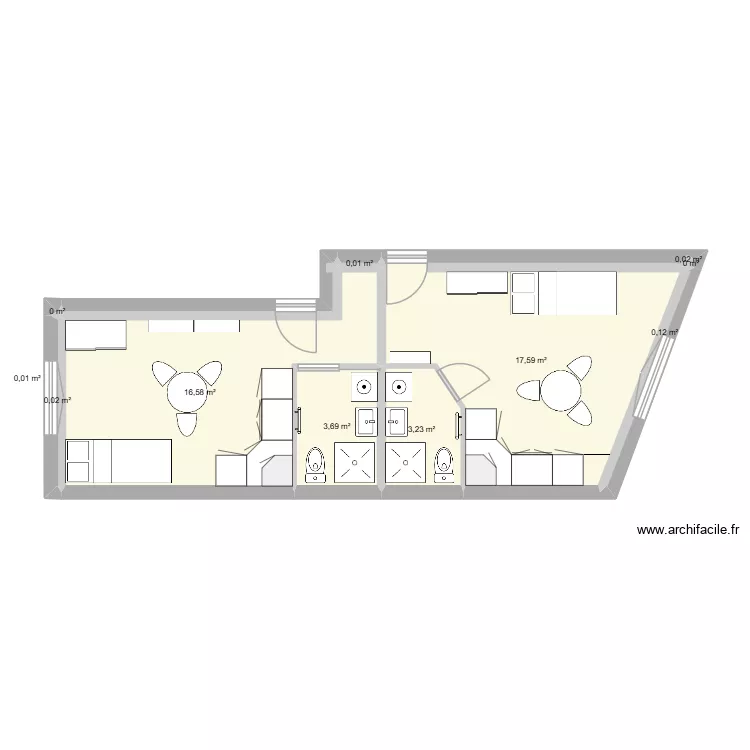 Double studio. Plan de 11  et 41 m²