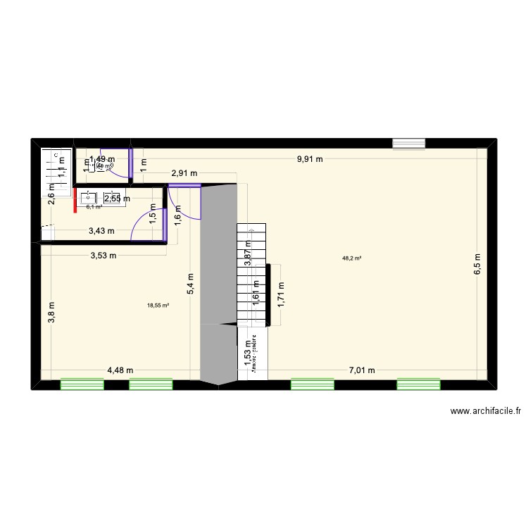 rdc. Plan de 4 pièces et 74 m2
