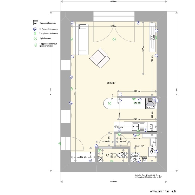 RDC Grance seul. Plan de 3 pièces et 43 m2