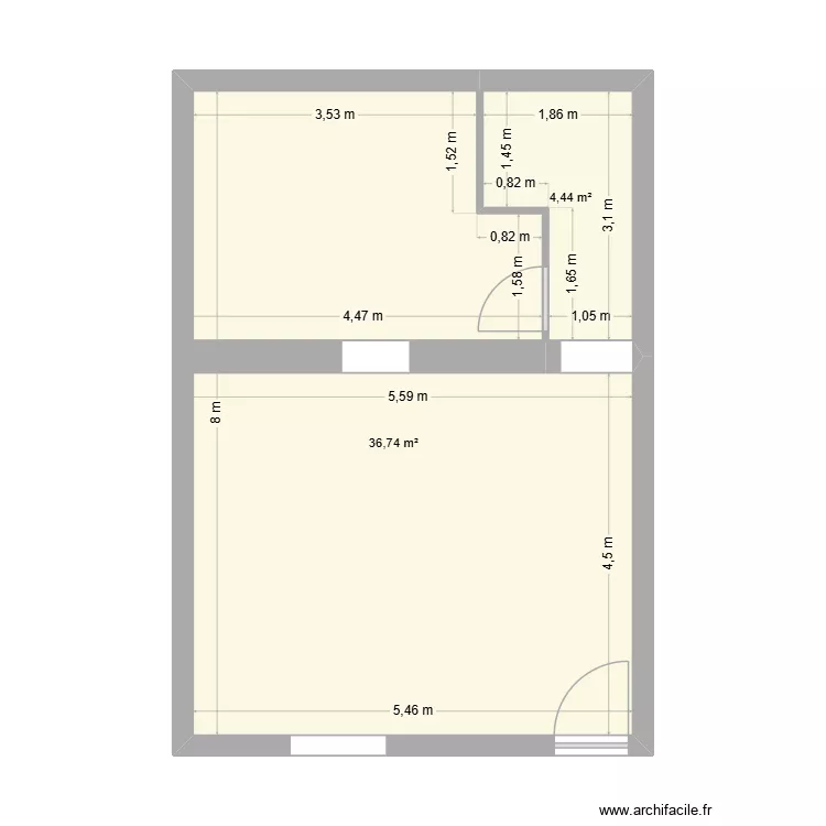 salon cuisine. Plan de 2  et 41 m²