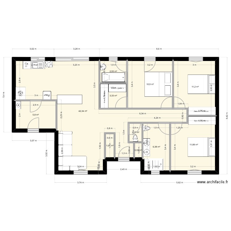 Maison Thérése et Tristan. Plan de 11 pièces et 97 m2