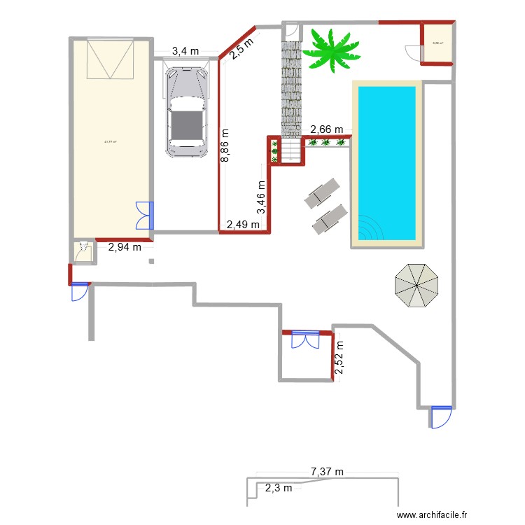 TERRASSE. Plan de 3 pièces et 45 m2