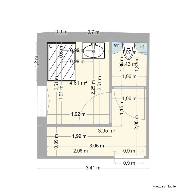sdb  DUCHAUFFOUR. Plan de 3 pièces et 10 m2