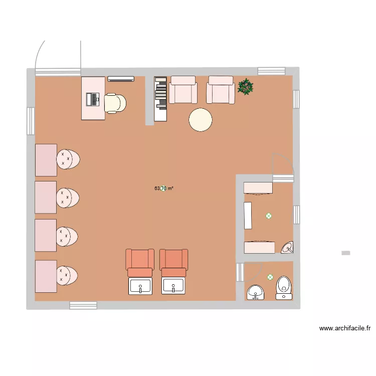 Salon coiffure. Plan de 1  et 64 m²