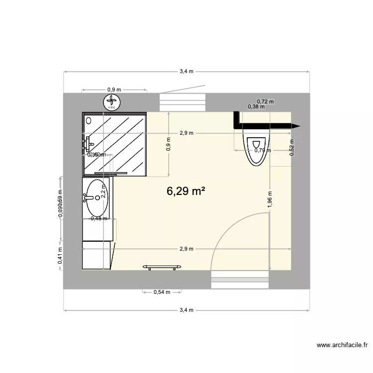 SDB Novet. Plan de 1 pièce et 6 m²