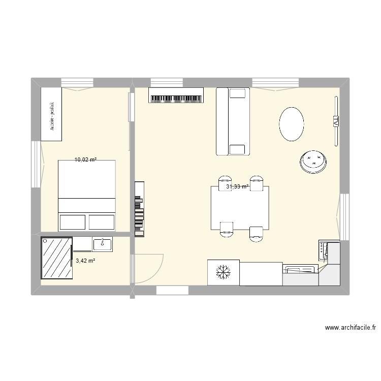 maison cuisine droite. Plan de 3 pièces et 45 m2
