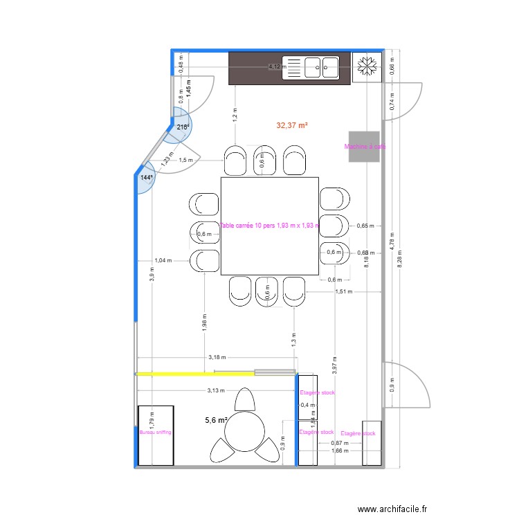 Salle de pause et cuisine. Plan de 2 pièces et 38 m2