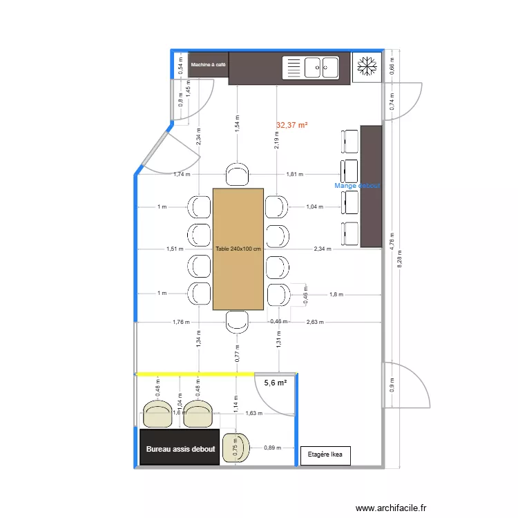 Salle de pause et cuisine. Plan de 2 pièces et 38 m²