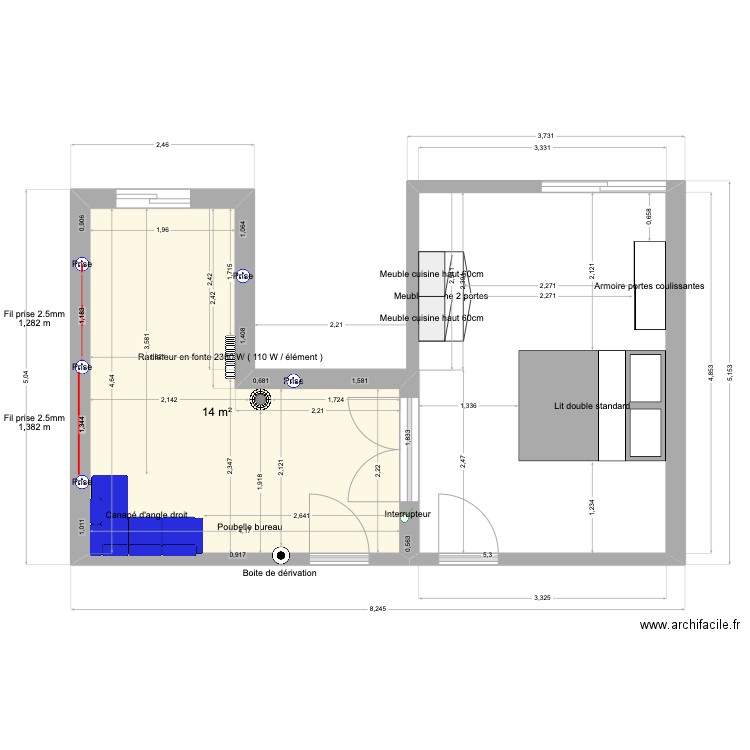 test. Plan de 1 pièce et 14 m2