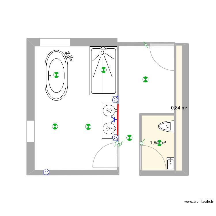 Sanitaires N+1. Plan de 2 pièces et 3 m2