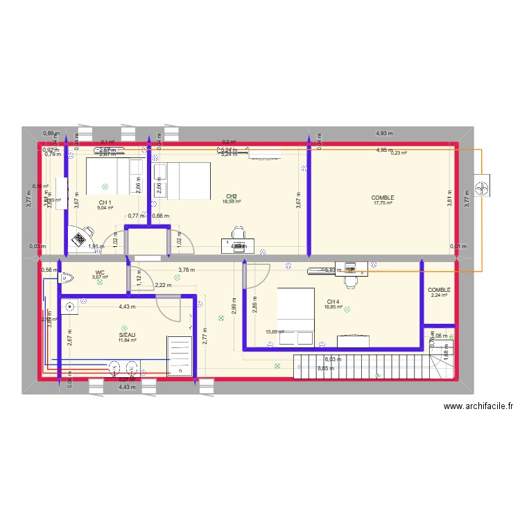 LA MAISON AUX MOULINS  2EME ETAGE 2. Plan de 15 pièces et 102 m2