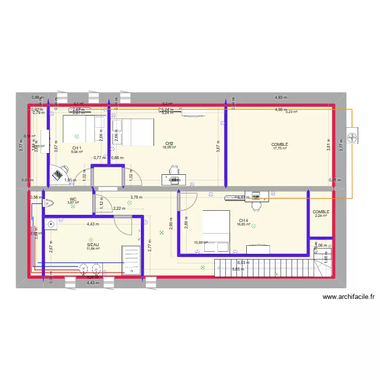 LA MAISON AUX MOULINS  2EME ETAGE 2. Plan de 15  et 102 m²