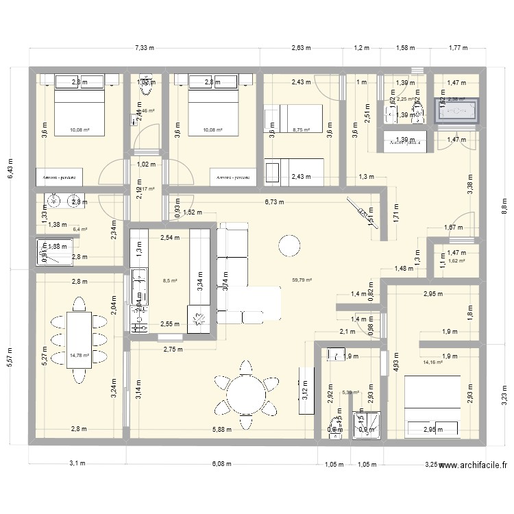 Lambarènè 6 étage version 3. Plan de 14 pièces et 149 m2