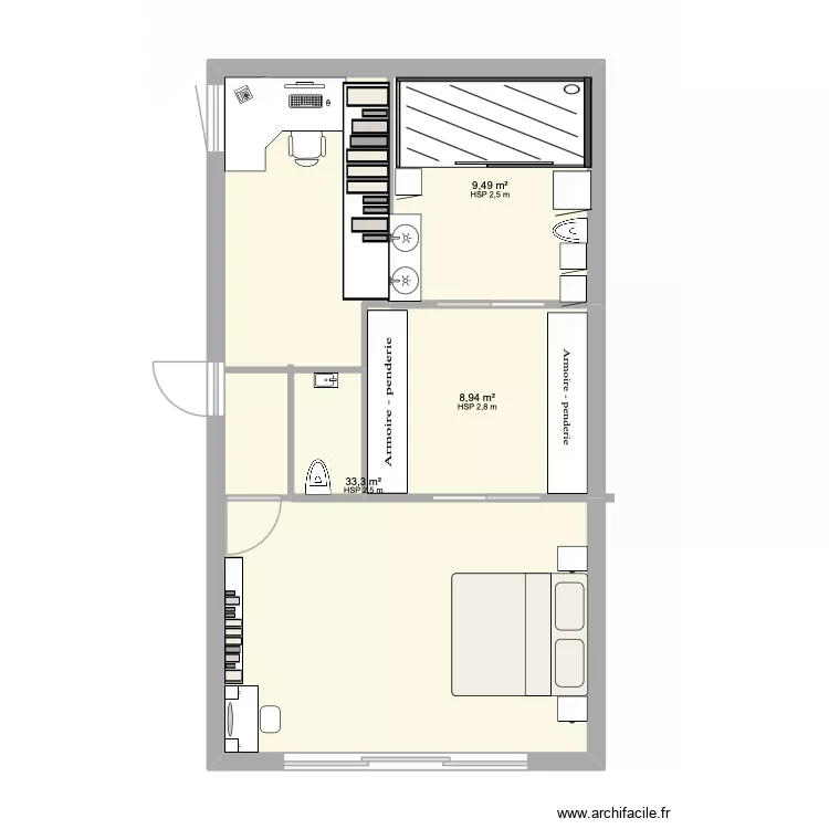 EXTENTION. Plan de 3 Pièces et 52 m²