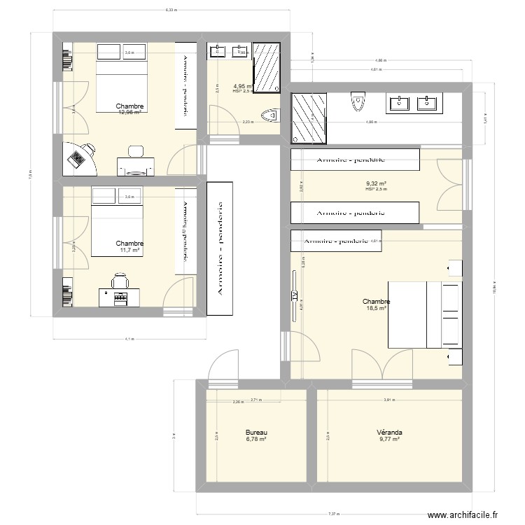 etage amenagé0. Plan de 7 pièces et 74 m2
