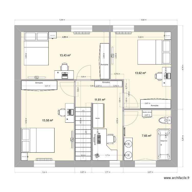 Etage 116m². Plan de 5 pièces et 61 m2