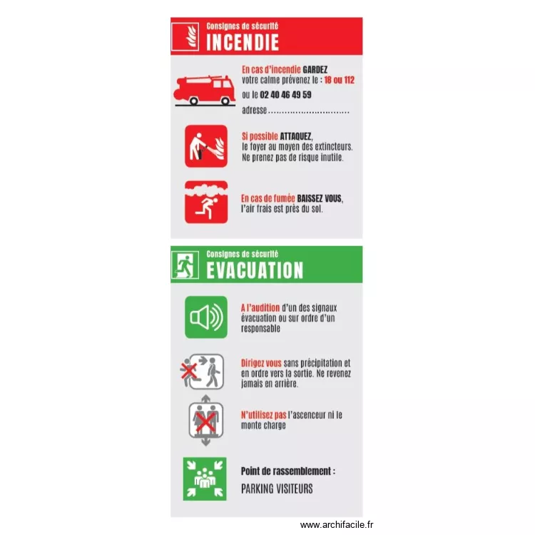 panneau evacuation. Plan de 