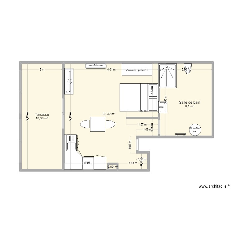 t2 2nd etage. Plan de 4 pièces et 42 m2