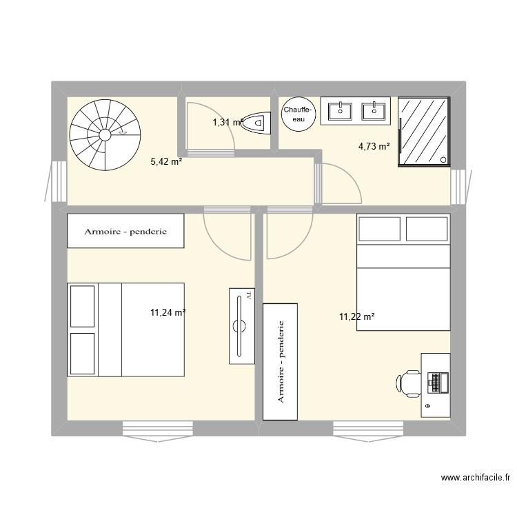 Etage. Plan de 5 pièces et 34 m2