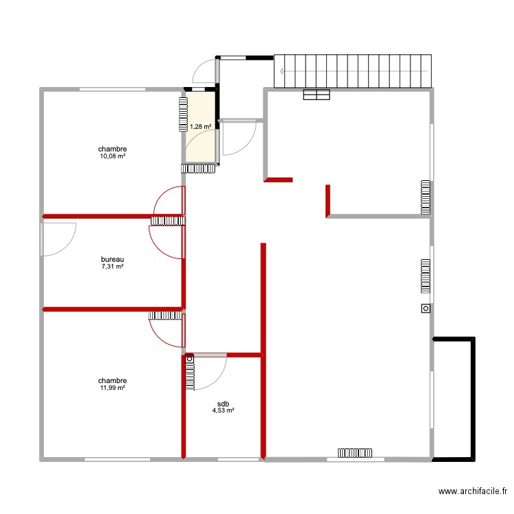 1er étage actuel. Plan de 6 pièces et 38 m2