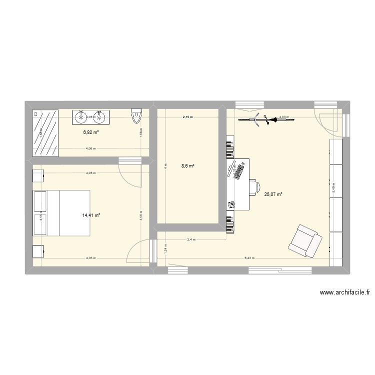 appart transformé en master. Plan de 4 pièces et 55 m2