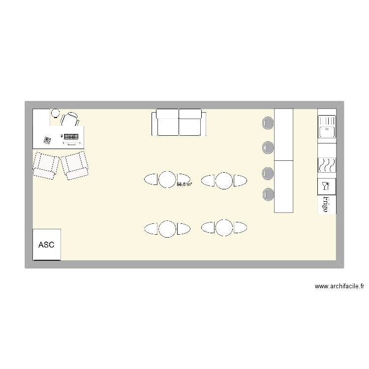 institut. Plan de 1 pièce et 56 m2