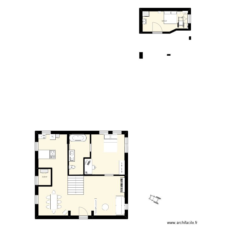maison amménagée. Plan de 3 pièces et 84 m2