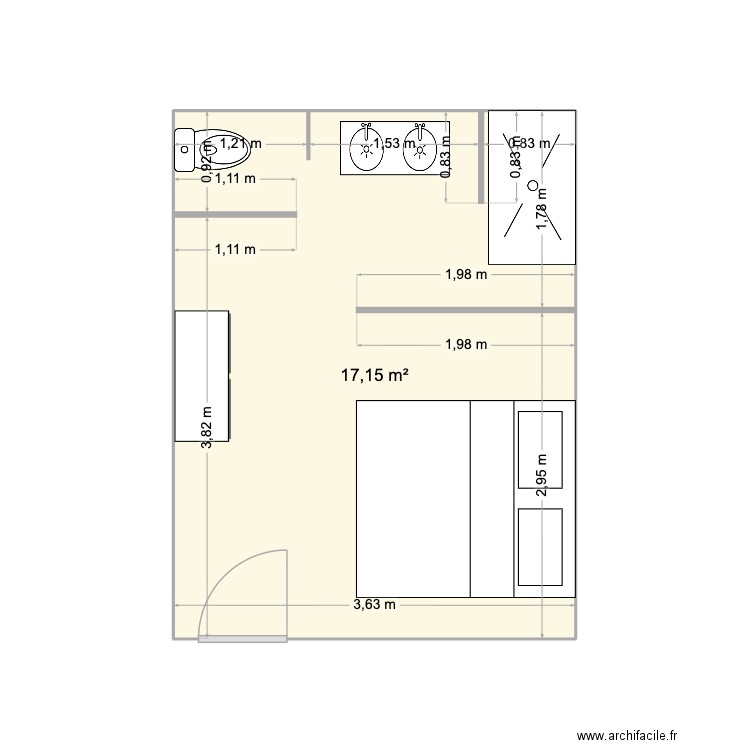 chambre dans cuisine. Plan de 1 pièce et 17 m2
