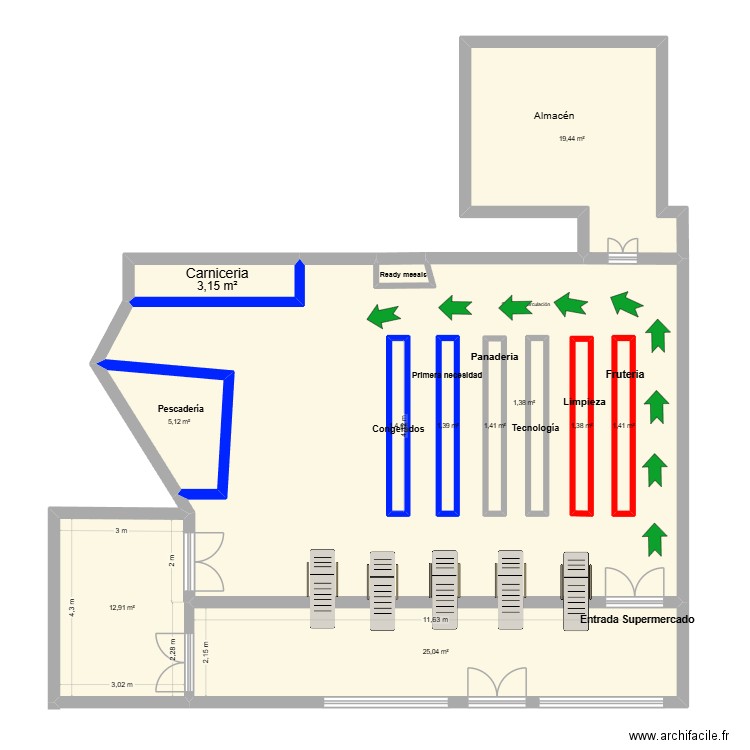 Plano hipermercado. Plan de 13 pièces et 164 m2