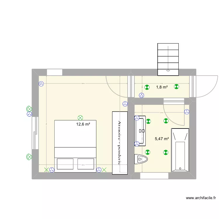 Chambre + SDB. Plan de 3 et 20 m² Chambre + SDB. Plan de 3 et 20 m²