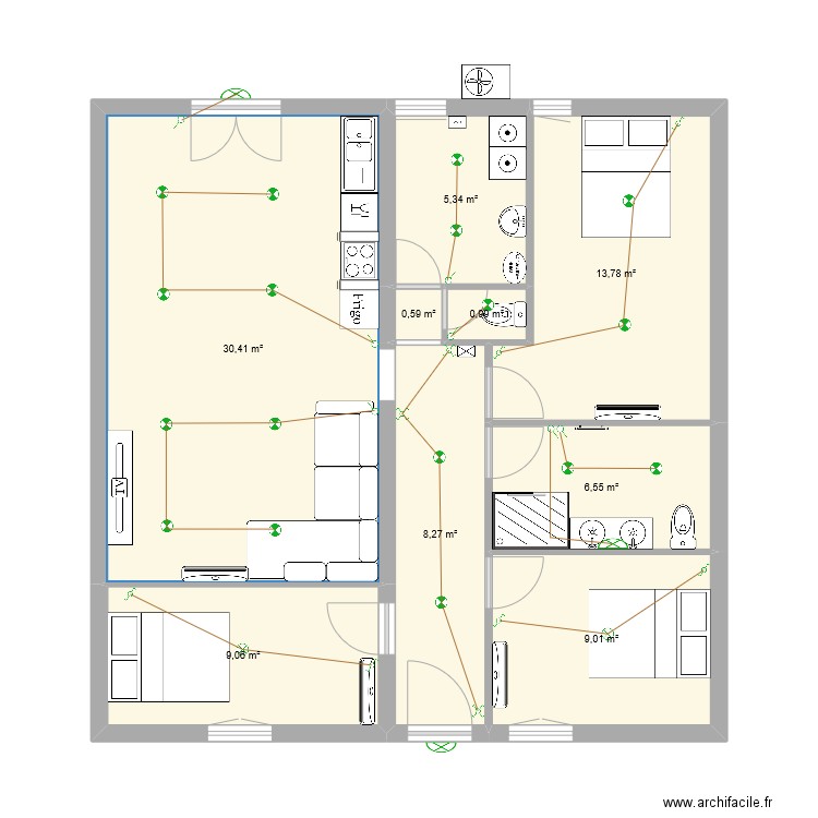 Castel T4 RDC -eclairage. Plan de 9 pièces et 84 m2