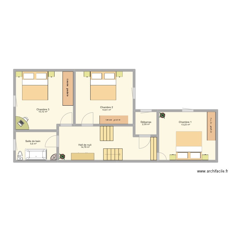 1er étage Neupré. Plan de 6 pièces et 66 m2