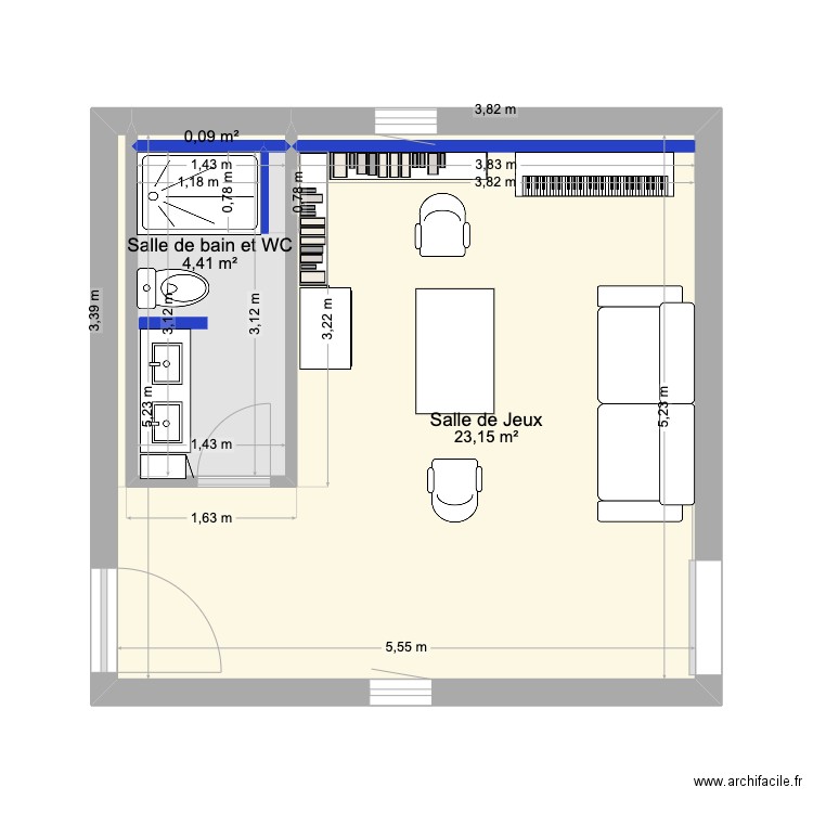 Sd-WC/SALLE de JEUX. Plan de 3 pièces et 28 m2