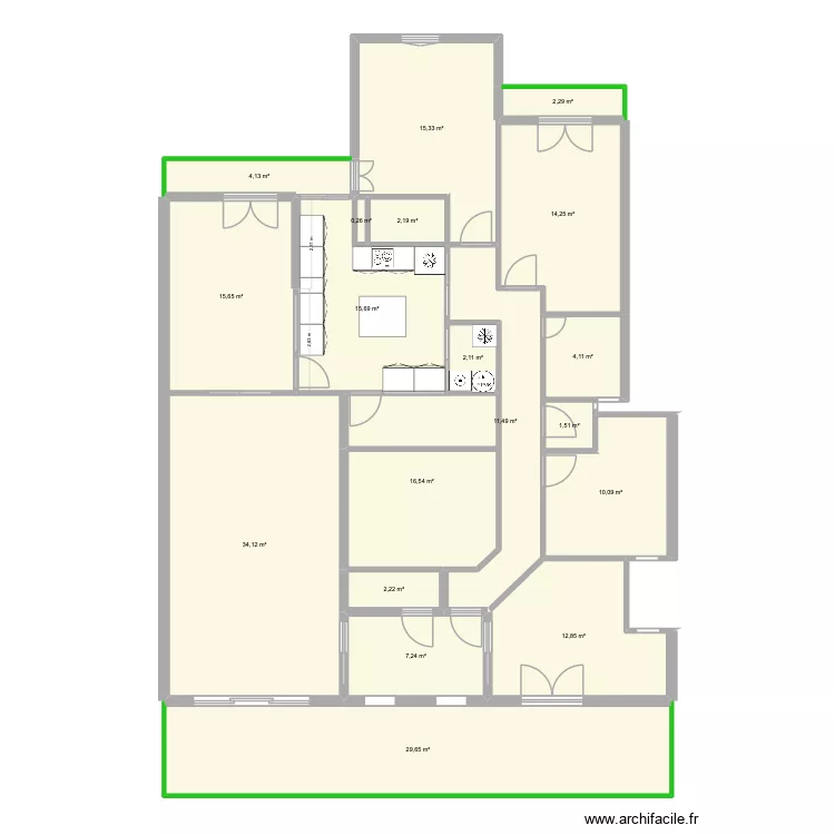 Solonos 100 plan - V1 sdb ds cuisine. Plan de 19  et 202 m²