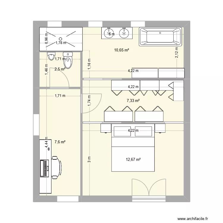 suite parentale. Plan de 5 pièces et 41 m²