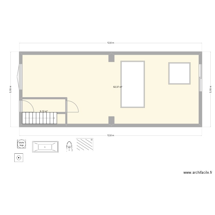 46 - existant. Plan de 2 pièces et 57 m2