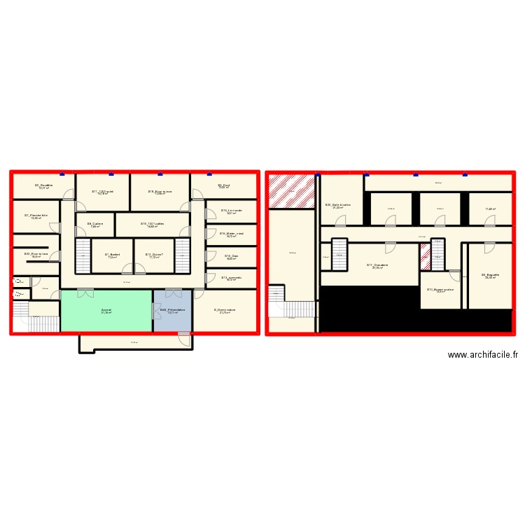 BureauH2. Plan de 49 pièces et 591 m2